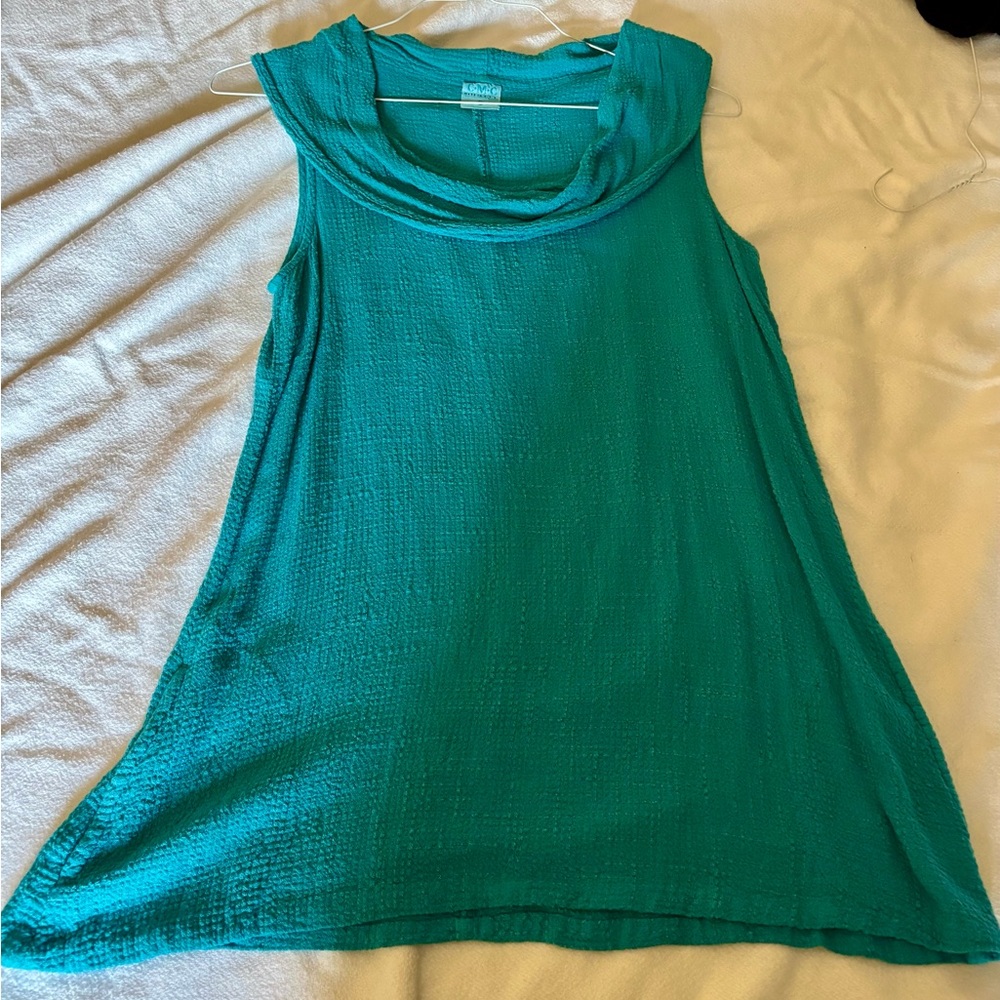 CMC Teal Blue Green Cowl Neck Sleeveless Tunic with 2 pockets, sz M